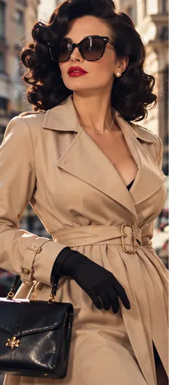Avatar IA en trench beige, lunettes de soleil et gants, dans une rue