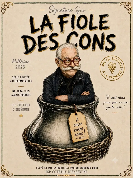 Étiquette La Fiole des Cons, Signature Gris, millésime 2025, IGP Coteaux d'Ensérune : un vieil homme moustachu aux lunettes rouges assis dans une dame-jeanne en osier