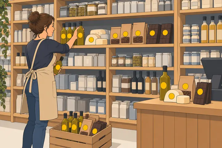Une épicière range des huiles d'olive dans des rayonnages, les produits phares marqués d'une pastille jaune
