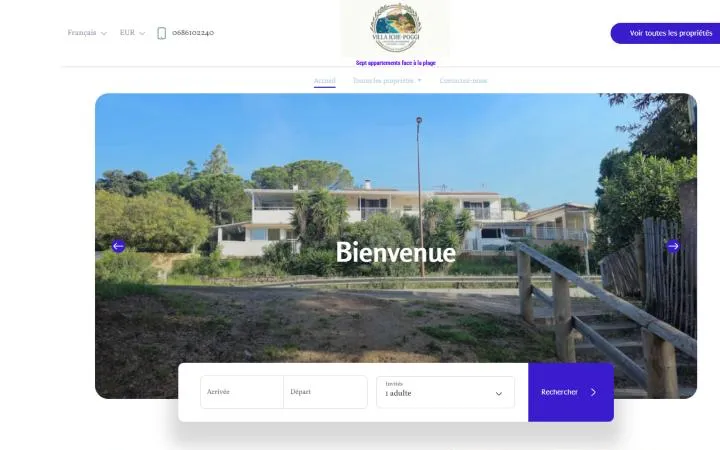 Accueil du site de réservation : la villa en photo, message Bienvenue et moteur de recherche de dates