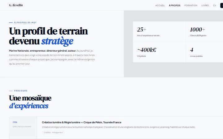 Page À propos : Un profil de terrain devenu stratège, chiffres clés et parcours